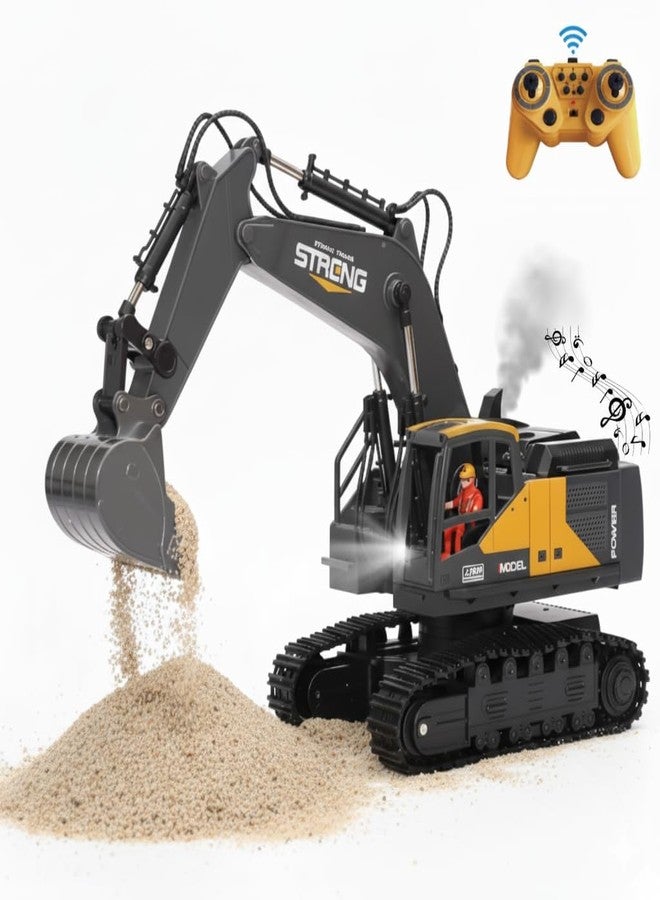 Avarin 12-Channel Remote Control Excavator Toy for Children 6+, 360° Rotating Construction Vehicle with Realistic Sounds, Smoke Effects, LED Lights and Metal Bucket - Image 1