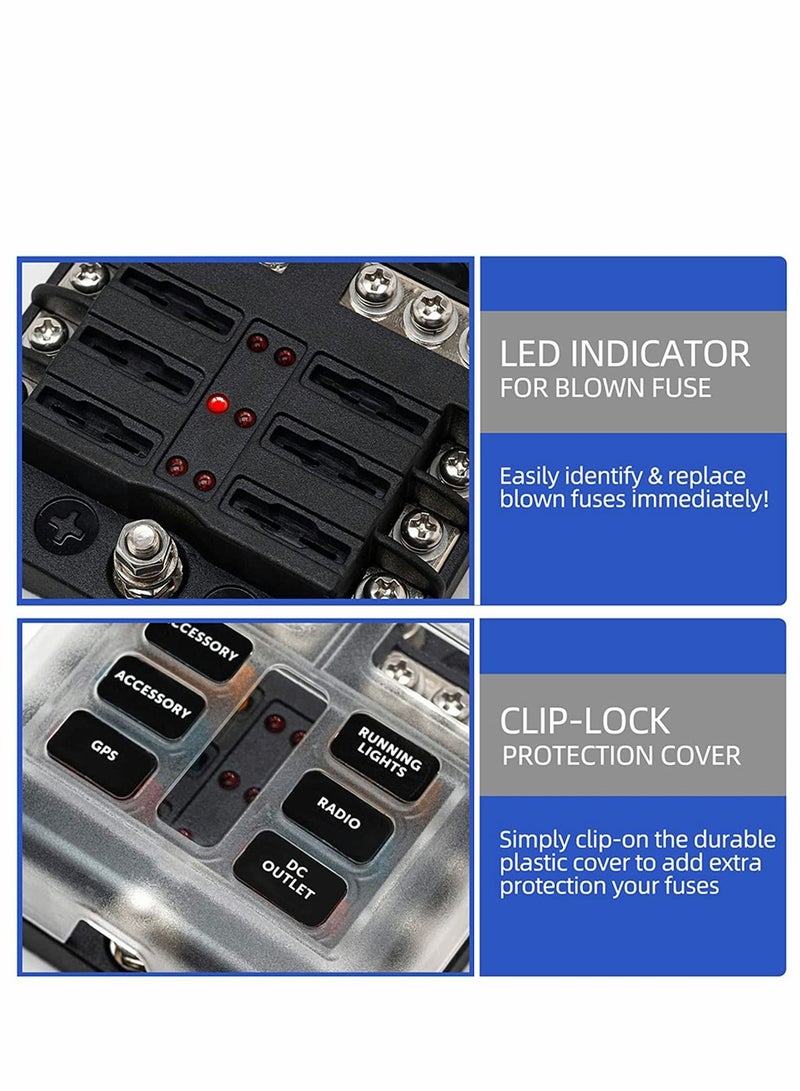 SYOSI 6 Way Fuse Block,12V Blade Circuit ATC/ATO Waterproof Box Holder with LED Indicator Waterpoof Cover for 12V/24V Automotive Truck Boat Marine RV Van Vehicle 12 pcs - Image 2