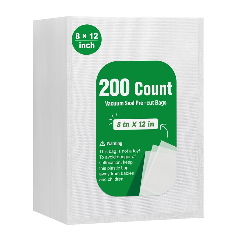 أكياس تفريغ الهواء Syntus 200 عد لآلة التفريغ حجم ربع 8 × 12 بوصة لتخزين الطعام، أكياس تفريغ ثقيلة الوزن خالية من BPA، أكياس مقطوعة مسبقًا لتخزين الطعام أو الطهي بالسويد