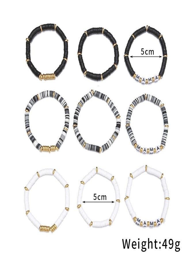 Pingyongchang 9 Pcs MAMA Heishi Bracelet Set Stackable Heishi Clay Beaded Stretch Surfer Bracelet Summer Beach Elastic Layering Bracelets For Women Mother Thanksgiving Mother's Day Gifts Jewelry-B Black - Image 2