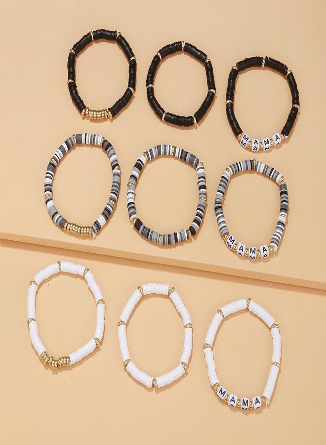 Pingyongchang 9 Pcs MAMA Heishi Bracelet Set Stackable Heishi Clay Beaded Stretch Surfer Bracelet Summer Beach Elastic Layering Bracelets For Women Mother Thanksgiving Mother's Day Gifts Jewelry-B Black - Image 5