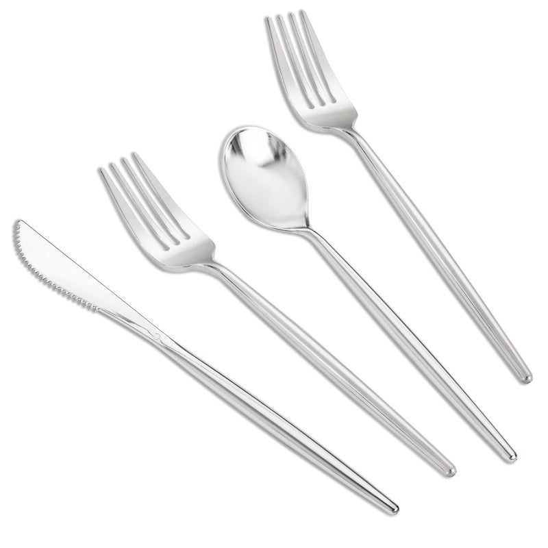 SUT 300Pcs Silver Plastic Cutlery Silver Utensils Disposable Silver Plastic Silverware Set Include 100 Plastic Forks 100 Plastic Spoons 100 Plastic Knives Heavy Duty Flatware for Party