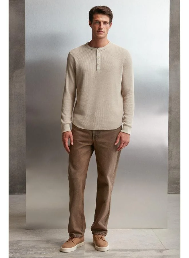 GRIMELANGE Patrick Men's Waffle Knit Collar Thick Fabric Long Sleeve Beige T‑shirt