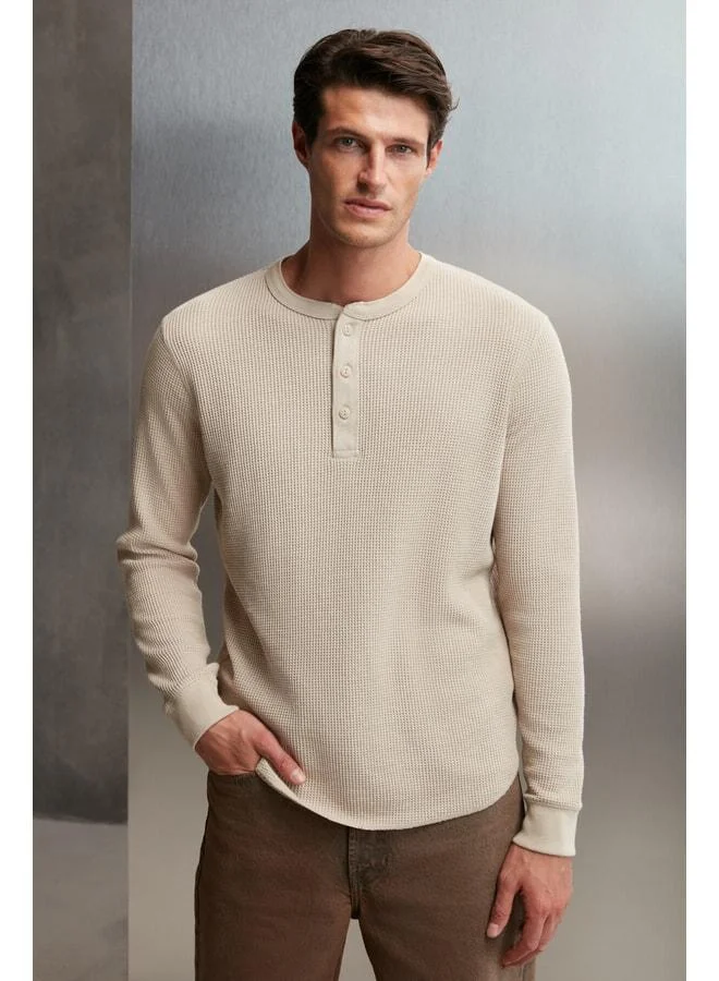 GRIMELANGE Patrick Men's Waffle Knit Collar Thick Fabric Long Sleeve Beige T‑shirt