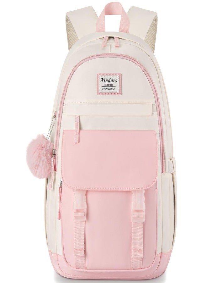 WINDARS School Backpack for Teen Girls, Cute College Backpacks for Women Students Aesthetic Bookbag Large Laptop Bag, Pink Beige, 15.6 inch, Modern - Image 1