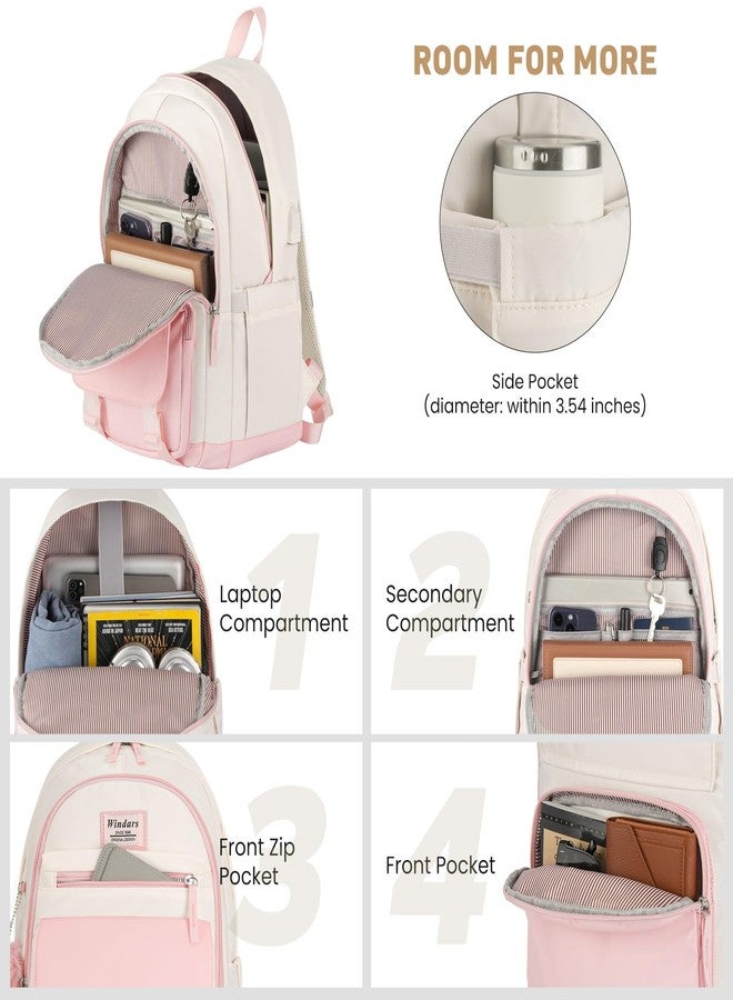 WINDARS School Backpack for Teen Girls, Cute College Backpacks for Women Students Aesthetic Bookbag Large Laptop Bag, Pink Beige, 15.6 inch, Modern - Image 2