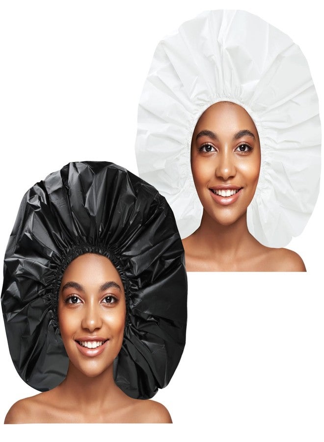 CHFONG Super Jumbo Shower Cap 2 PCS Waterproof Shower Caps for Women, Extra Large Shower Cap, Reusable Super Large Bath Caps Hair Cap for Long Thick Curly Hair, Locs, Twist Braids - Black + White - Image 1