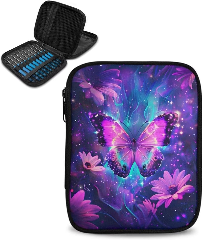 Vanideaoty Purple Butterfly Crochet Hook Case Portable Floral Crochet Storage Organizer with Web Pockets for Hooks, Knitting Needles,Knitting Supplies - Image 1