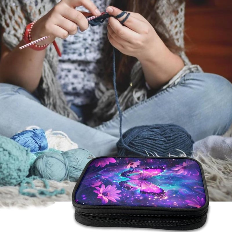 Vanideaoty Purple Butterfly Crochet Hook Case Portable Floral Crochet Storage Organizer with Web Pockets for Hooks, Knitting Needles,Knitting Supplies - Image 2