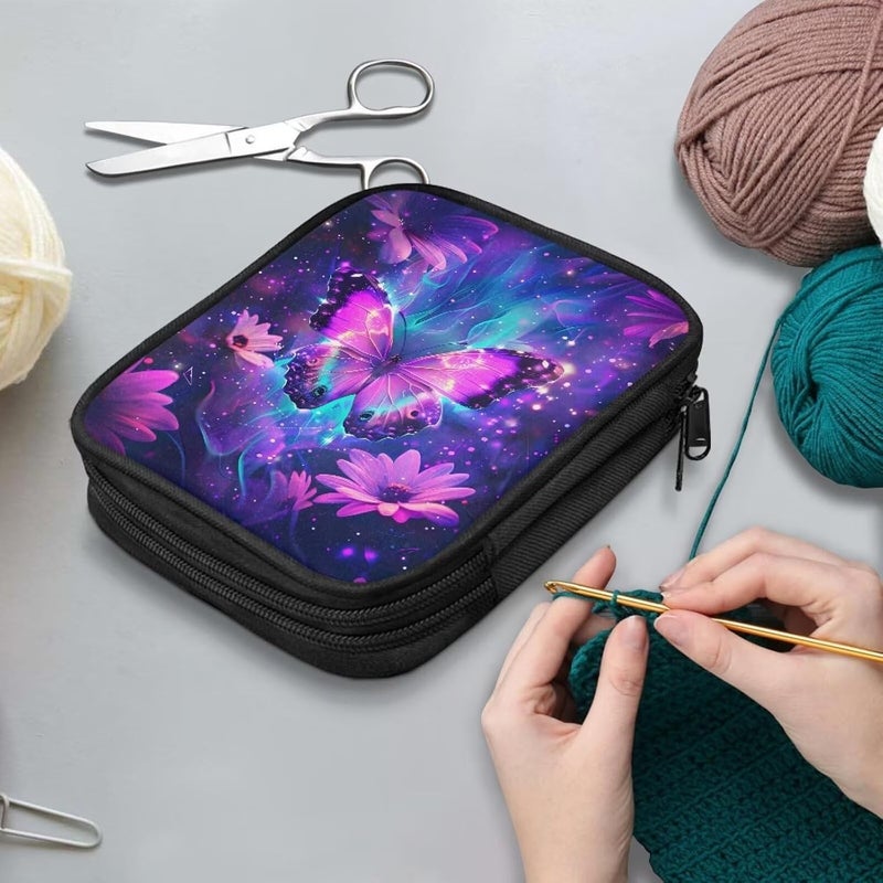 Vanideaoty Purple Butterfly Crochet Hook Case Portable Floral Crochet Storage Organizer with Web Pockets for Hooks, Knitting Needles,Knitting Supplies - Image 3