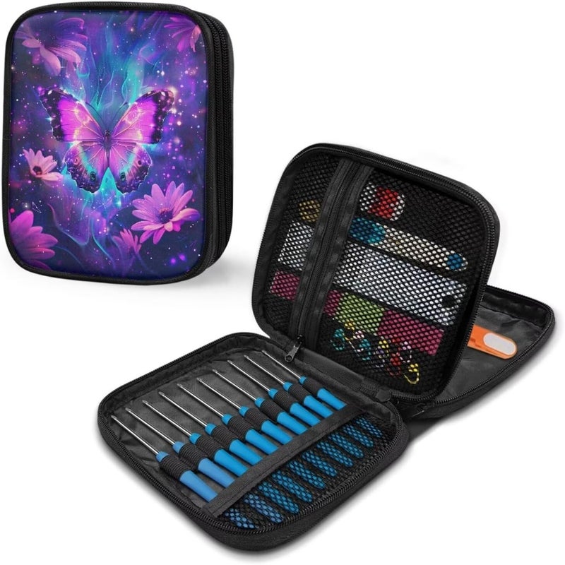 Vanideaoty Purple Butterfly Crochet Hook Case Portable Floral Crochet Storage Organizer with Web Pockets for Hooks, Knitting Needles,Knitting Supplies - Image 5