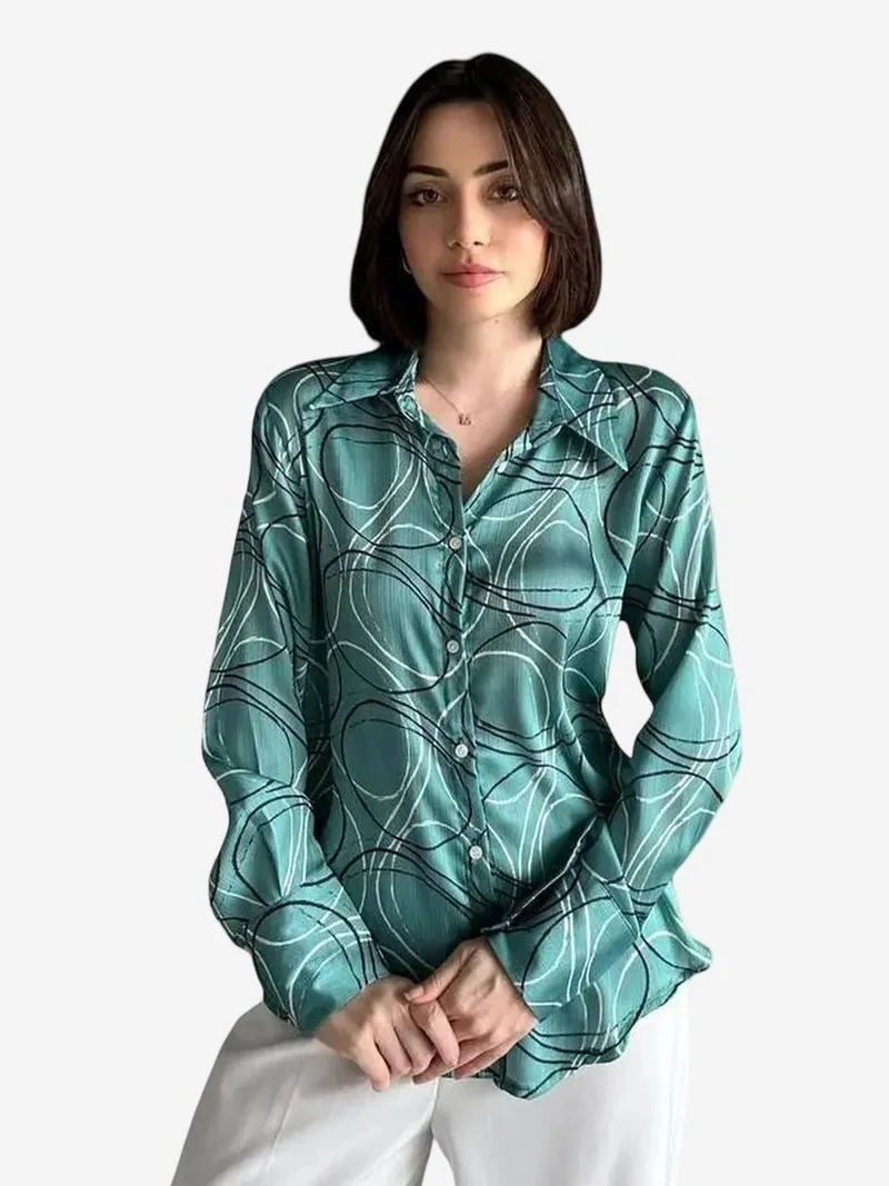 ماي فاشن MY FASHION Geometric Print Long Sleeve Shirt with Button Closure
