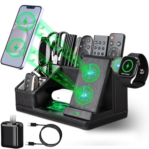 LADSTAG Black Leather Desk Organizer With Charging Station,Office Supplies Desk Accessories,Pen Holder for Desk,Remote Control Holder,Desk Organizer With Phone Charger,Nightstand Desktop Organizer - Image 1
