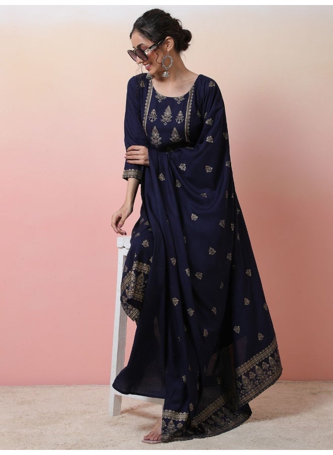 AKS Ethnic Motifs Printed Kurta & Trousers With Dupatta  - Image 1
