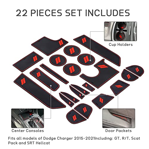 POSAID Cup Holder Insert for Dodge Charger 20152023 Anti Dust Mats Center Console Liners Custom Fit Dodge Charger Door Pocket Mats 22PCS Red Trim - Image 3