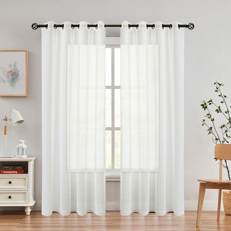 Linen Sheer Window Curtain Panel Pairs 108 Inches Extra Long for Living Room with GrommetsEyelets Rustic Window Treament Drape Set Bedroom Farmhouse 54x108 Inch 2 Panels Off White