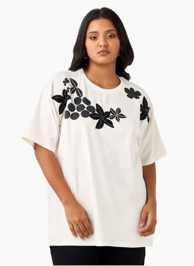 Ulla Popken Plus Size Ulla Popken Embellished T-shirt with Short Sleeves