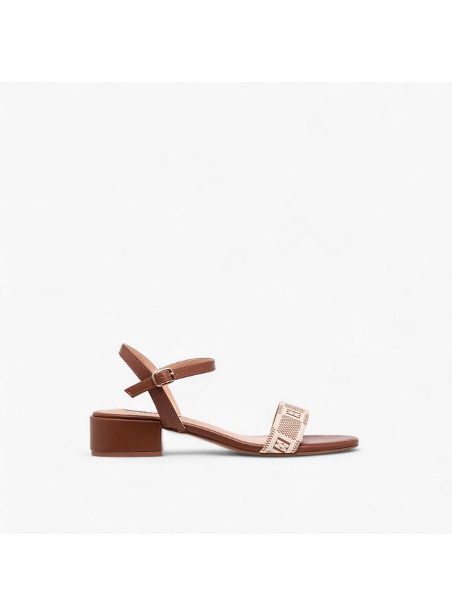 ELLE Women's Damier Logo Detail Block Heel Sandals with Buckle Closure - Image 3