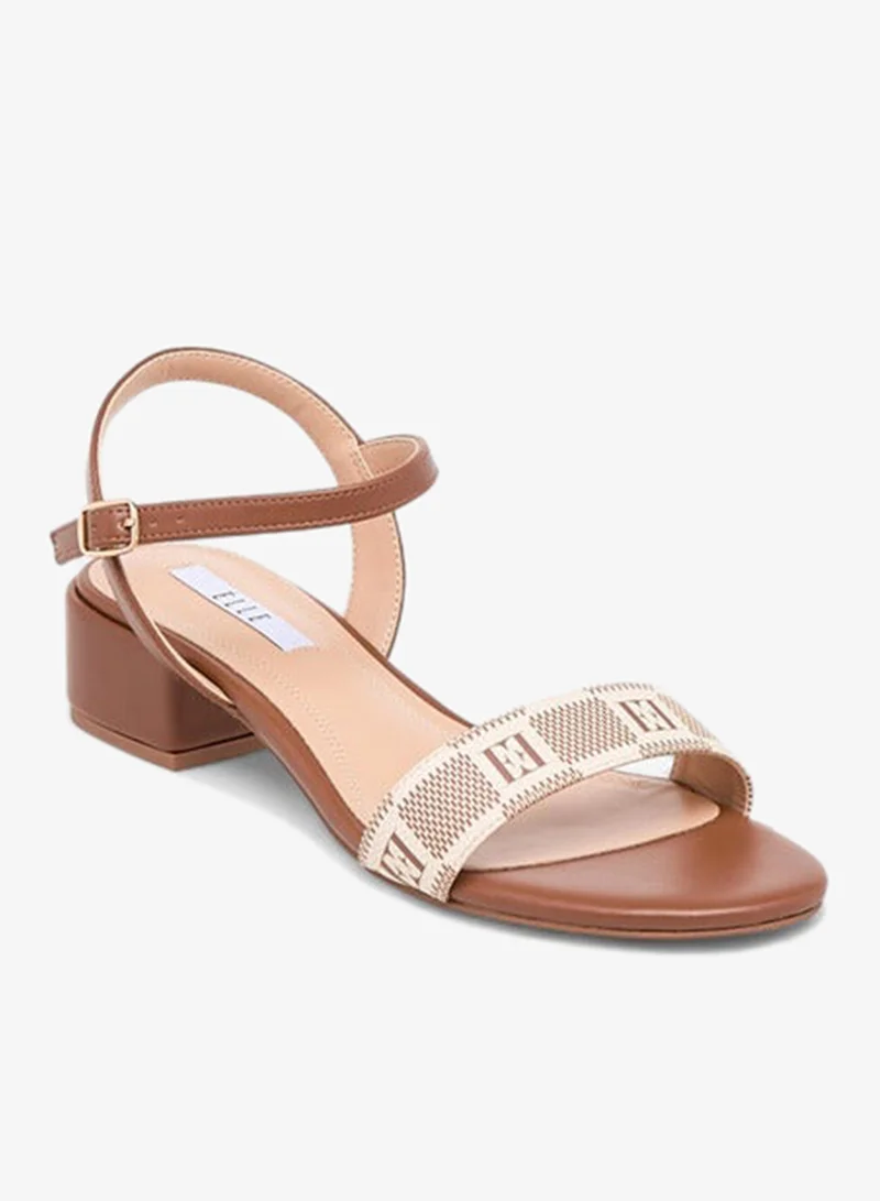 ELLE Women's Damier Logo Detail Block Heel Sandals with Buckle Closure