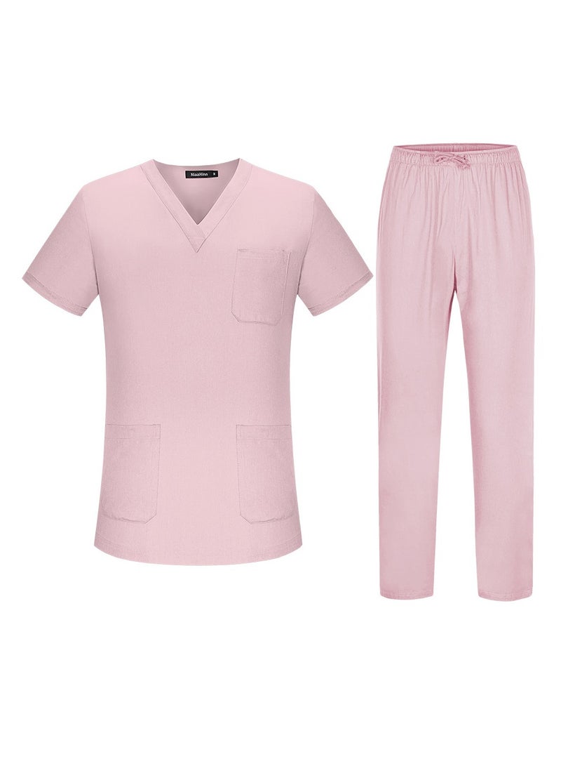 Loquat Unisex Loose Medical Uniform Scrubs 2 Piece Set V-Neck Top and Elastic Waist Pants Suit Light Pink - Image 1
