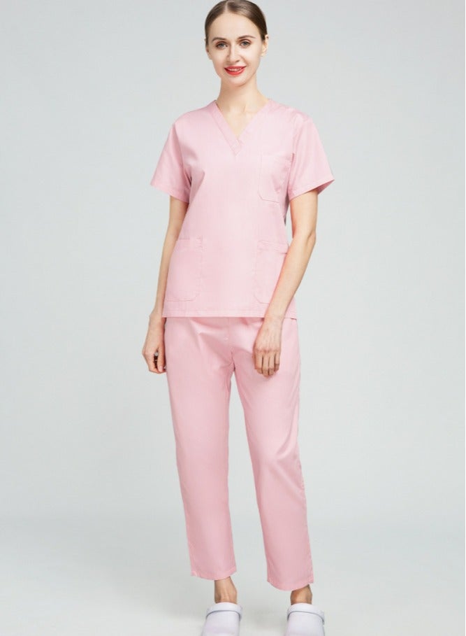 Loquat Unisex Loose Medical Uniform Scrubs 2 Piece Set V-Neck Top and Elastic Waist Pants Suit Light Pink - Image 2