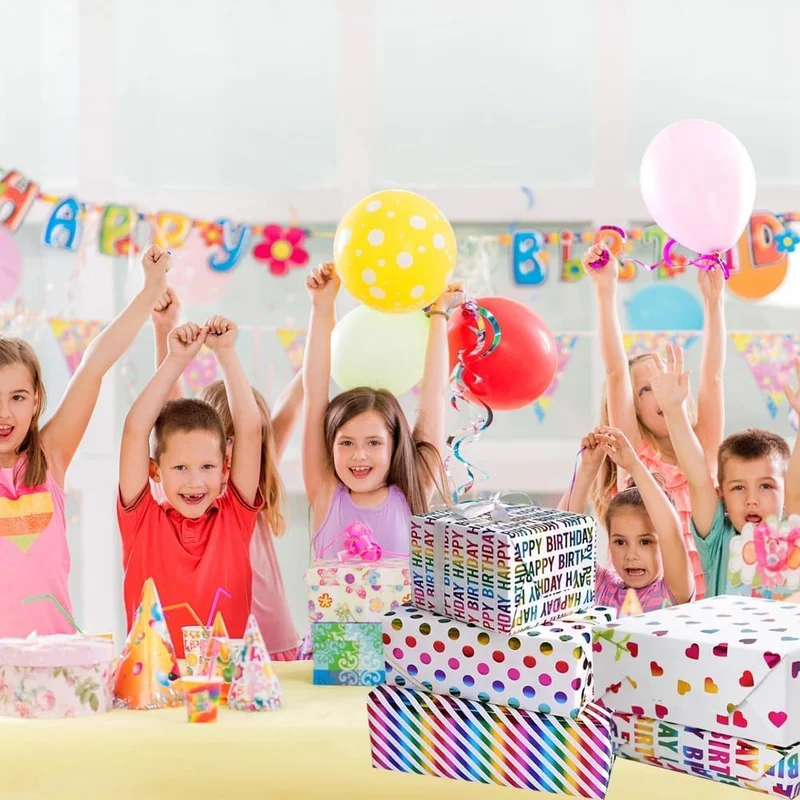 QUESERA Rainbow Gift Wrapping Paper Rolls – 9 Meters | 3 Vibrant Designs – Happy Birthday, Polka Dots & Stripes