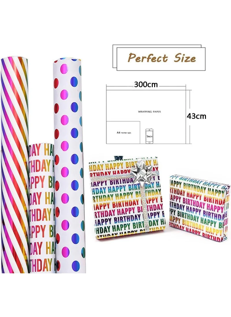 QUESERA Rainbow Gift Wrapping Paper Rolls – 9 Meters | 3 Vibrant Designs – Happy Birthday, Polka Dots & Stripes