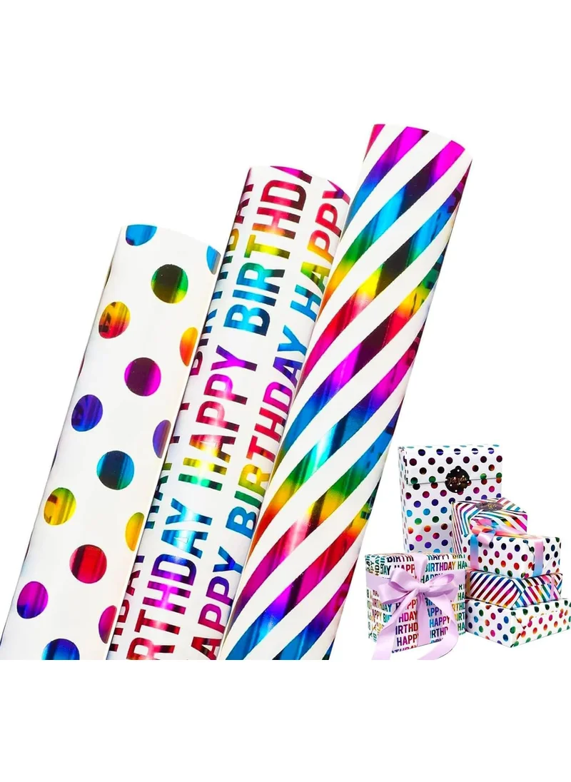 QUESERA Rainbow Gift Wrapping Paper Rolls – 9 Meters | 3 Vibrant Designs – Happy Birthday, Polka Dots & Stripes
