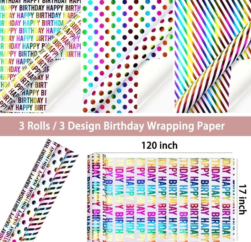 QUESERA Rainbow Gift Wrapping Paper Rolls – 9 Meters | 3 Vibrant Designs – Happy Birthday, Polka Dots & Stripes