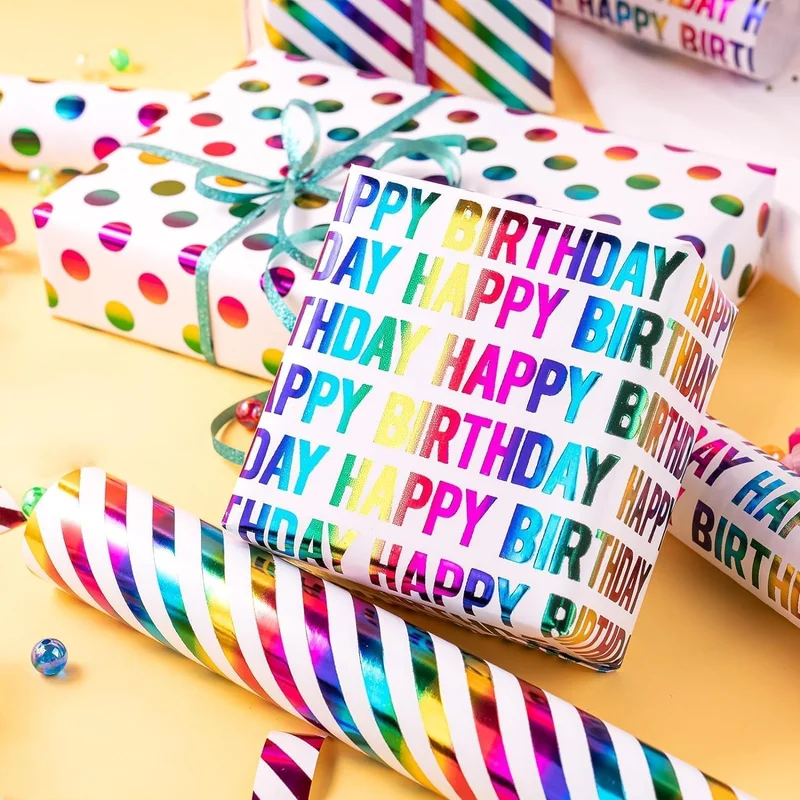 QUESERA Rainbow Gift Wrapping Paper Rolls – 9 Meters | 3 Vibrant Designs – Happy Birthday, Polka Dots & Stripes
