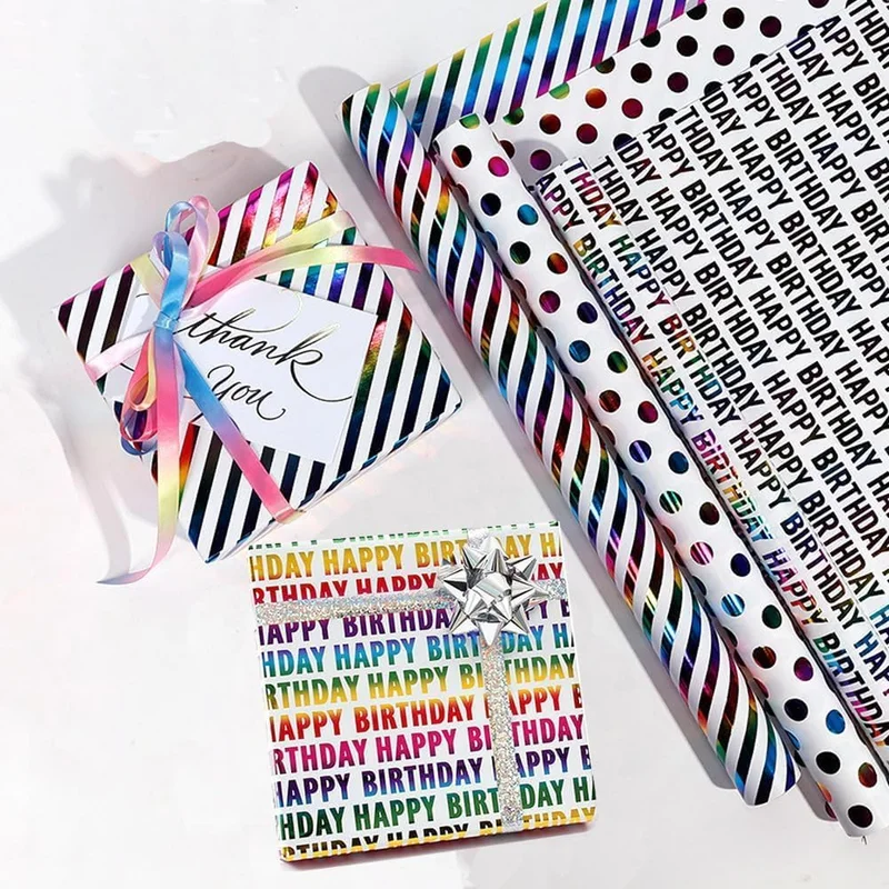 QUESERA Rainbow Gift Wrapping Paper Rolls – 9 Meters | 3 Vibrant Designs – Happy Birthday, Polka Dots & Stripes