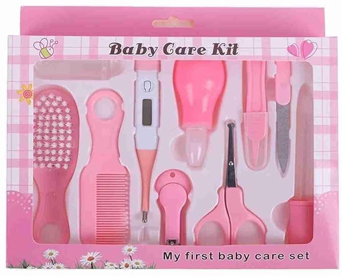 Next Store 10 Piece Newborn Baby Care Set - Infant Health and Safety Essentials - Brush, Comb, Nail Clippers and Thermometer - Baby Essentials Kit (Pink)