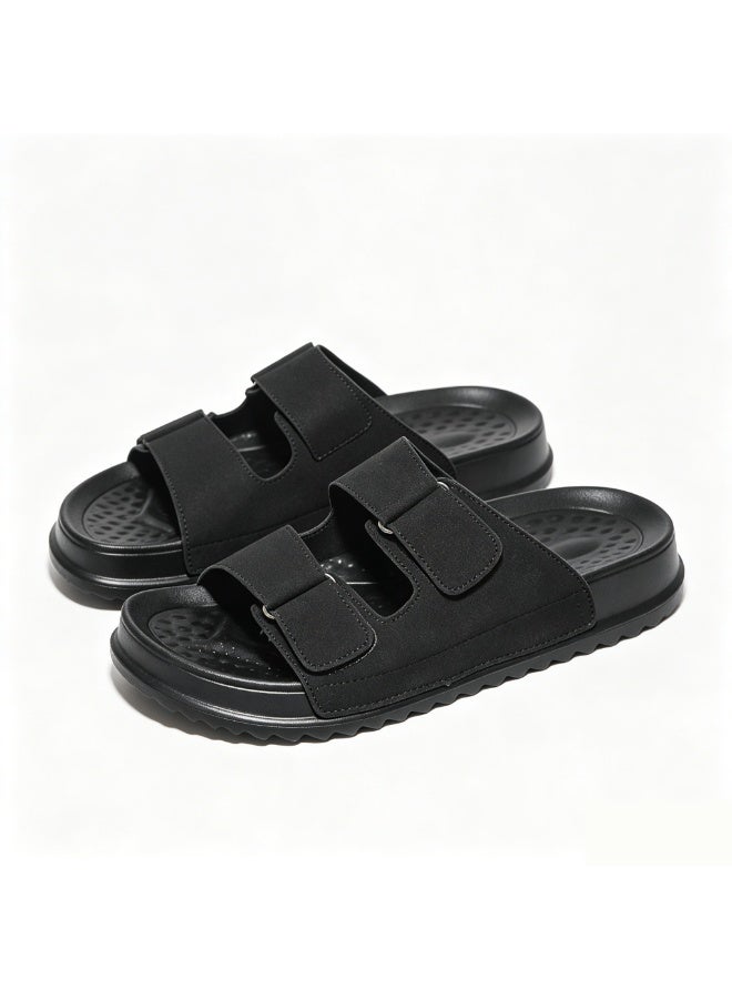 Men's Adjustable Double Hook & Loop Strap Slides, Big Size Non-Slip EVA Slippers Textured Upper Soft Cushion Breathable Waterproof for Indoor Beach Travel - Image 2