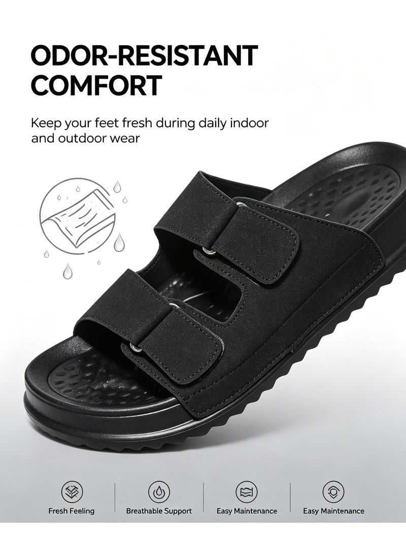 Men's Adjustable Double Hook & Loop Strap Slides, Big Size Non-Slip EVA Slippers Textured Upper Soft Cushion Breathable Waterproof for Indoor Beach Travel - Image 1