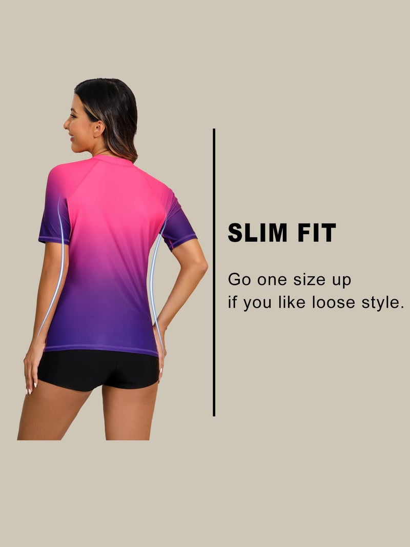 Halcurt Women 2 Piece Rash Guard with Boy Shorts Short Sleeve Ombre Fushcia L - Image 2