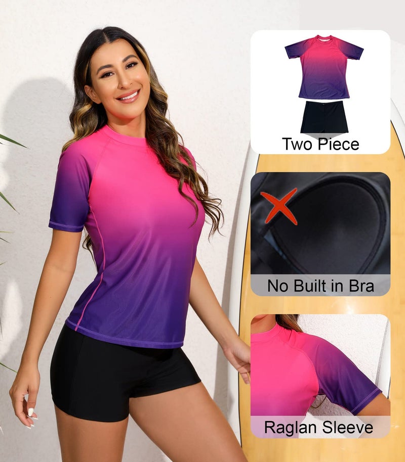 Halcurt Women 2 Piece Rash Guard with Boy Shorts Short Sleeve Ombre Fushcia L - Image 3