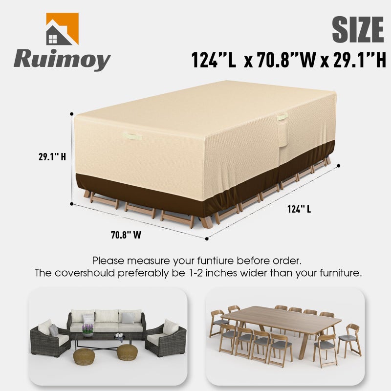 Ruimoy Patio Furniture Covers, Outdoor Furniture Cover Waterproof, General Purpose, Outside Table and Chair Covers, Heavy Duty 600D (124 Inch L x 70.8 Inch W x 29.1 Inch H)-Brown - Image 2