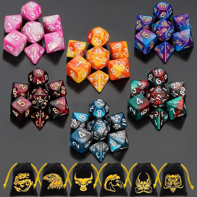 QMAY DND Dice Sets - 6 X 7 Polyhedral Dice (42pcs) with 6 Drawstring Bags for Dungeons and Dragons, RPG, MTG,Role Playing Table Game - Image 1