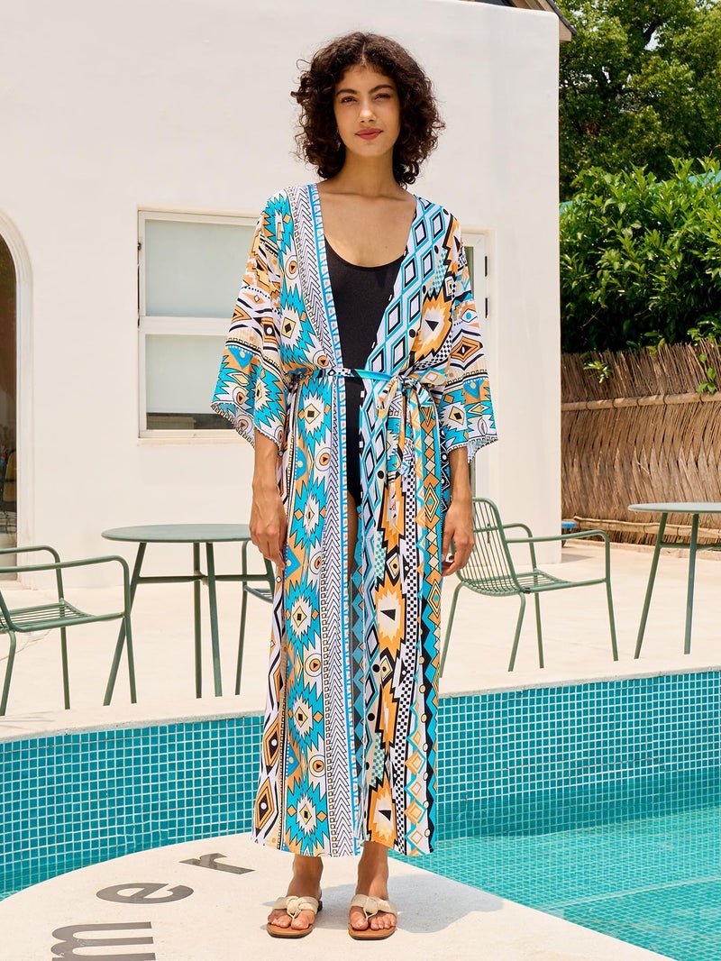 IMAGEKOPE Womenâ€™s Kimono Cover Up Long Beach Dress Swimsuit Cover Ups Colorful Cardigan Lightweight Robe for Swimwear - Image 3