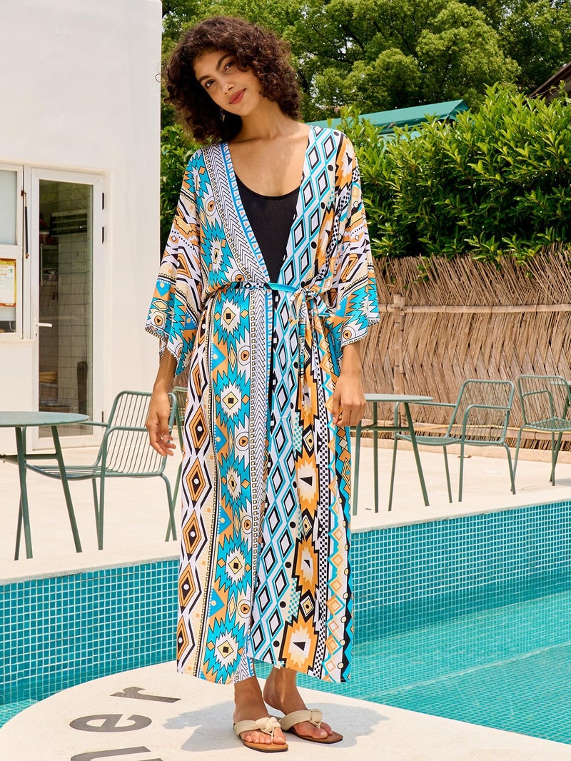 IMAGEKOPE Womenâ€™s Kimono Cover Up Long Beach Dress Swimsuit Cover Ups Colorful Cardigan Lightweight Robe for Swimwear - Image 4