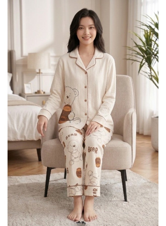 Women's summer pajamas, imported crepe fabric, with collar and buttons - two-piece set - Image 2