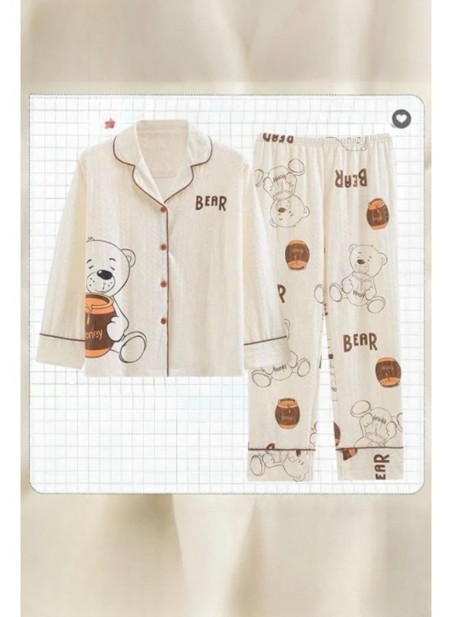 Women's summer pajamas, imported crepe fabric, with collar and buttons - two-piece set - Image 3