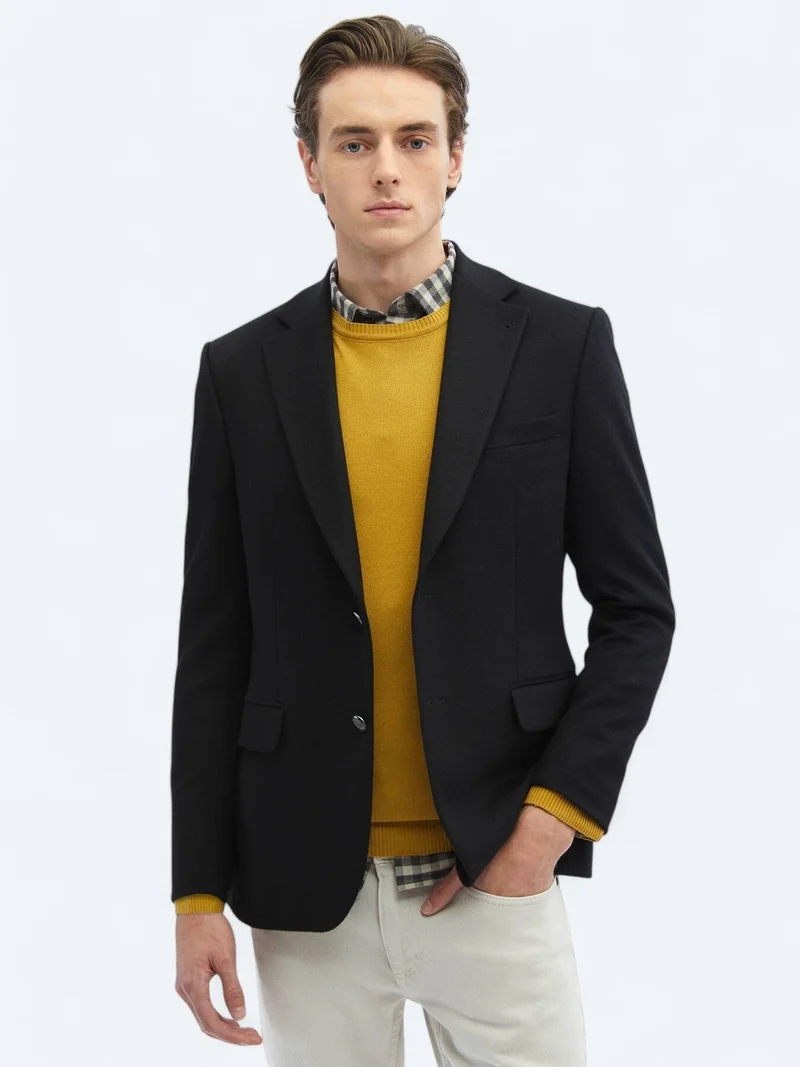 Kip Black Plain Regular Fit Wool Blended Jacket