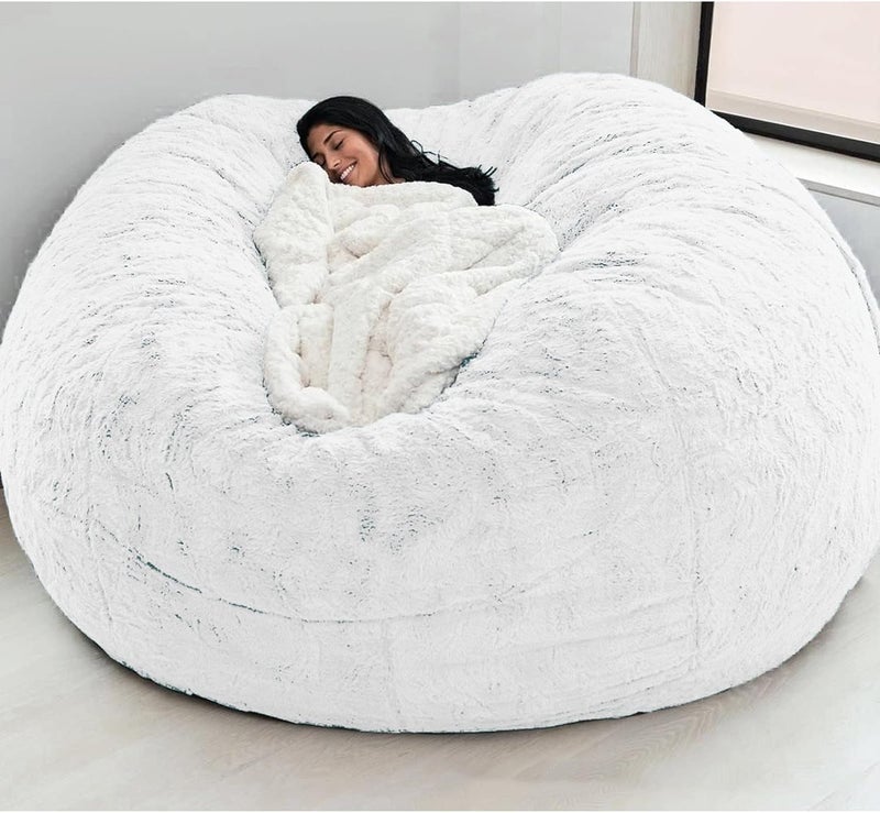 ink craft Ink Craft Round Shaped Bean Bag Chair Cover Cover Only No Filler Giant Faux Fur Bean Bag Cover Soft Fluffy Fur Portable Living Room Sofa Bed For Kids Adults 6Feet White 