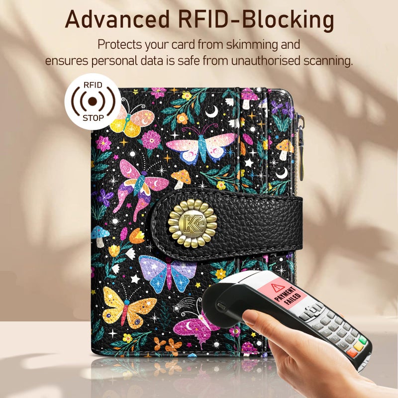 Kelvoris Butterfly Small Rfid Women Wallet Bifold Zipper Coin Pocket PU Leather Compact Cash Credit Card Holder Travel Wallet for Female Ladies Teen Girls 1 ID Window 10 Card Slots - Image 3