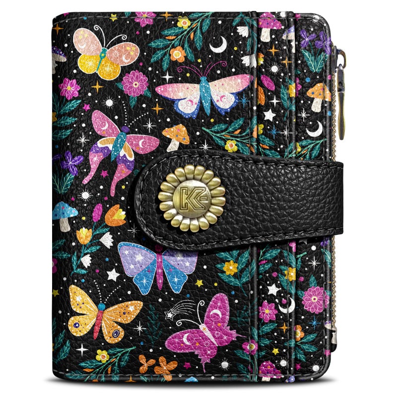 Kelvoris Butterfly Small Rfid Women Wallet Bifold Zipper Coin Pocket PU Leather Compact Cash Credit Card Holder Travel Wallet for Female Ladies Teen Girls 1 ID Window 10 Card Slots - Image 1