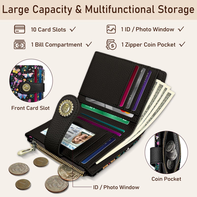 Kelvoris Butterfly Small Rfid Women Wallet Bifold Zipper Coin Pocket PU Leather Compact Cash Credit Card Holder Travel Wallet for Female Ladies Teen Girls 1 ID Window 10 Card Slots - Image 4