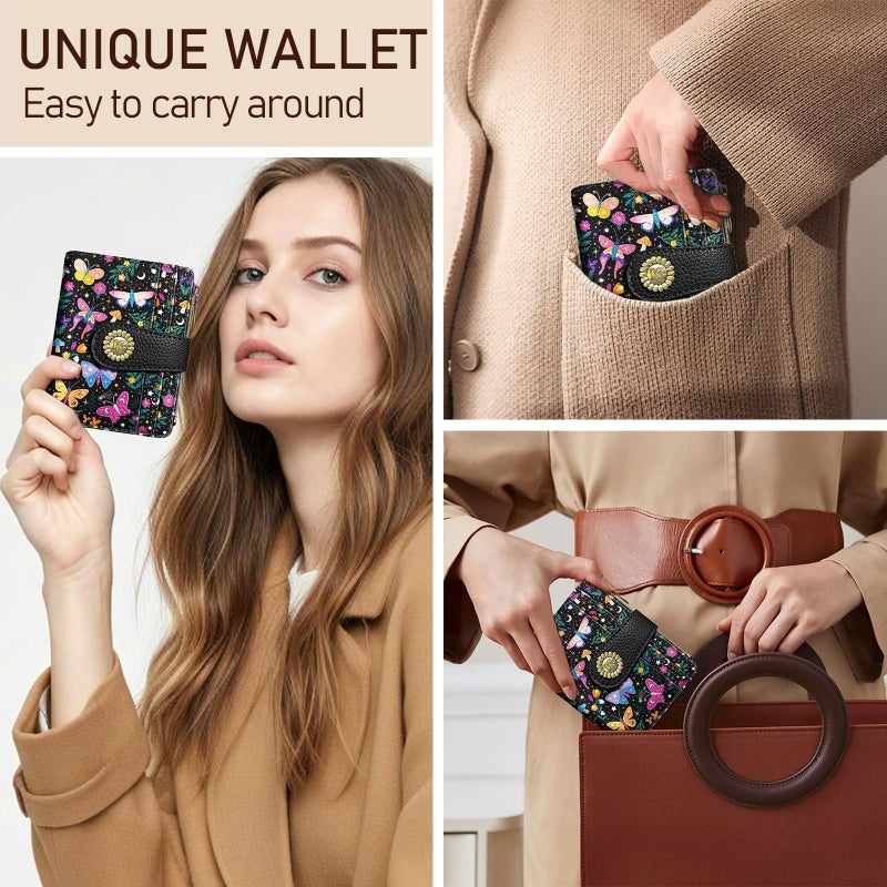 Kelvoris Butterfly Small Rfid Women Wallet Bifold Zipper Coin Pocket PU Leather Compact Cash Credit Card Holder Travel Wallet for Female Ladies Teen Girls 1 ID Window 10 Card Slots - Image 2
