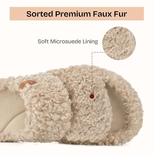 EverFoams Womens Fuzzy Open-toe Slippers Soft Comfy Memory Foam Indoor House Shoes Vintage Khaki, 11-12 US - Image 4