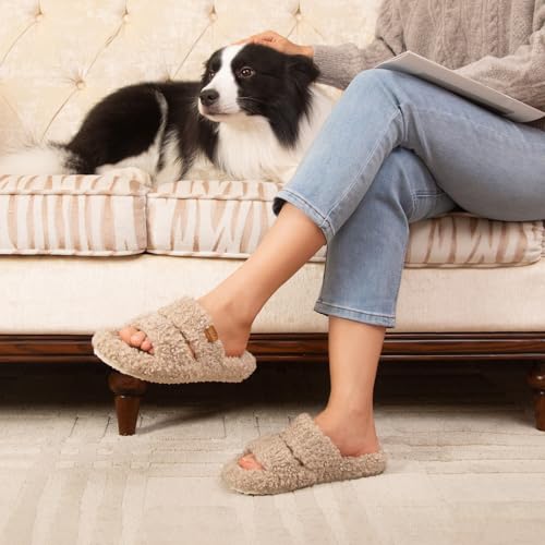 EverFoams Womens Fuzzy Open-toe Slippers Soft Comfy Memory Foam Indoor House Shoes Vintage Khaki, 11-12 US - Image 2